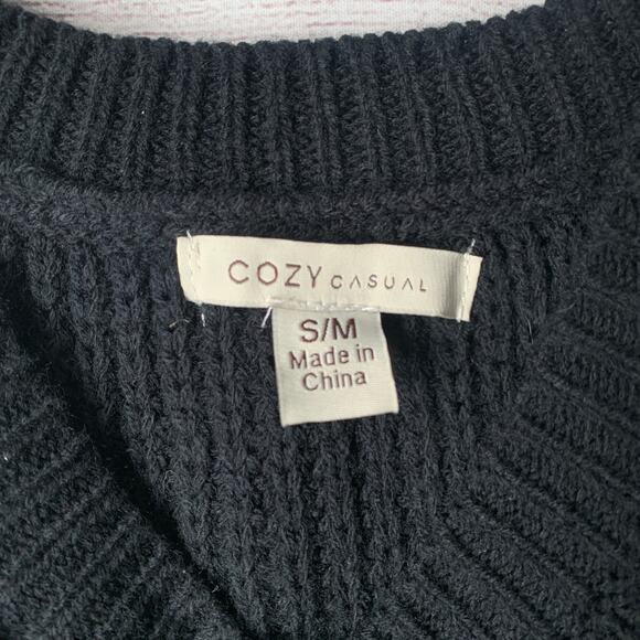 Cozy Casual Black Cold Shoulder Ribbed Knit Sweater Long Sleeves Size S/M - Picture 9 of 16